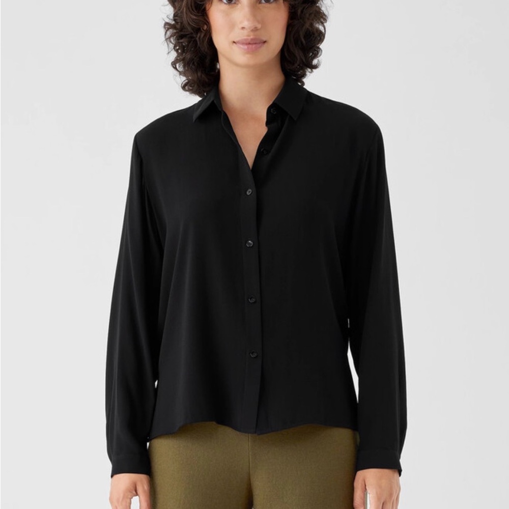 Eileen Fisher 100% Organic Silk Black Button-Front Long Sleeve Shirt